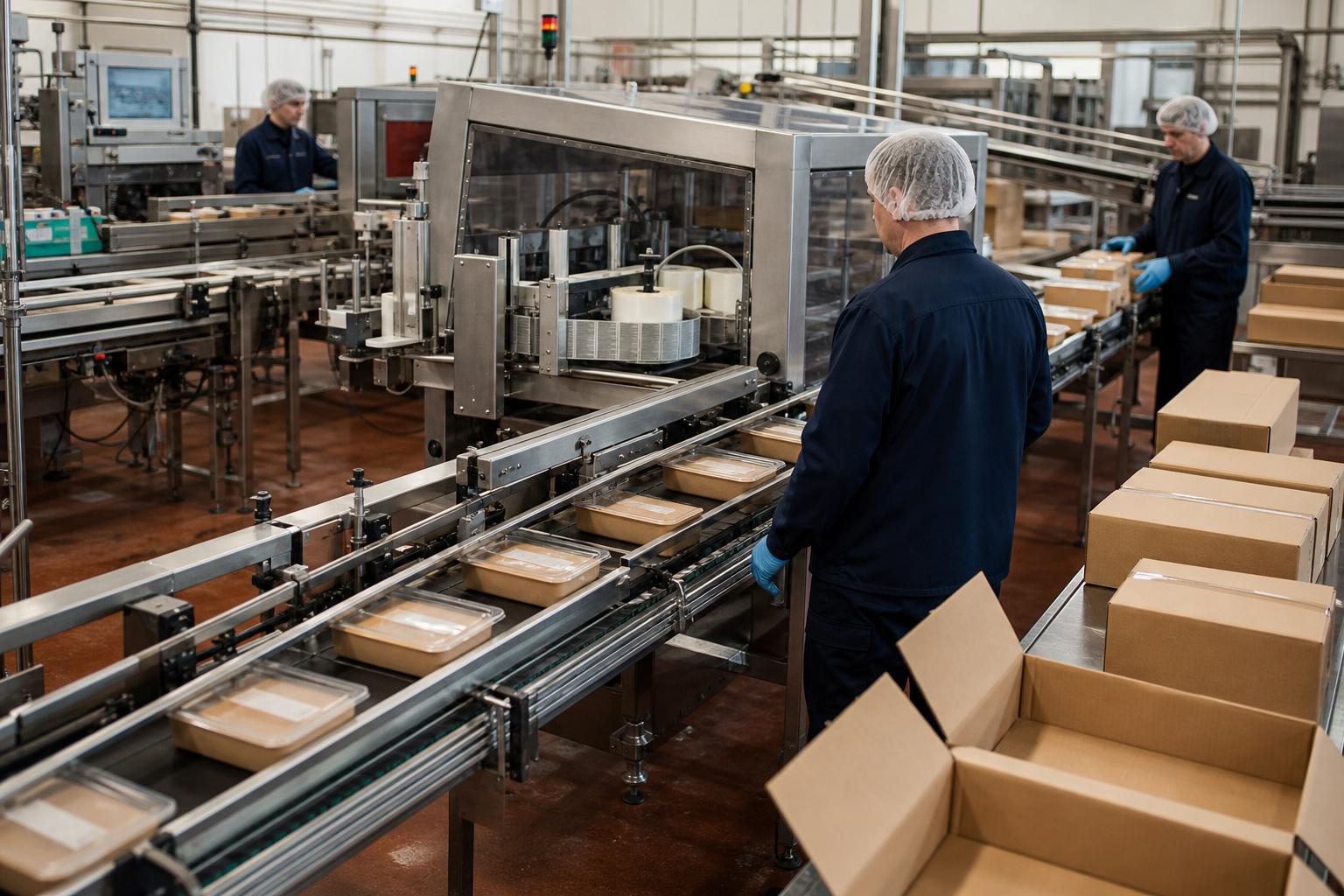 Operators supervising labelling, inspection and case packing at the end of a production line