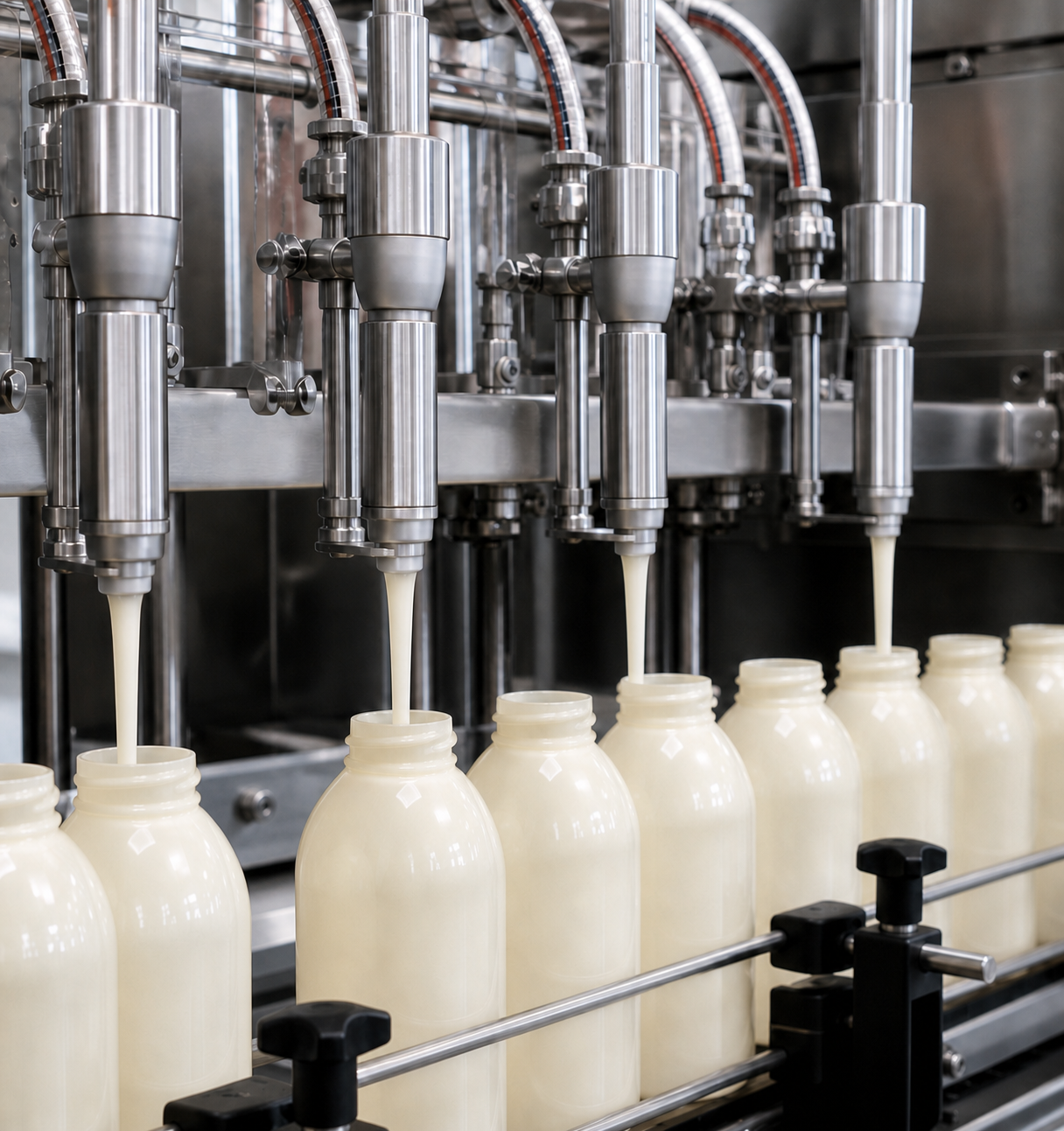 Multi-head filling machinery dispensing liquid directly into bottles on a contract packing production line